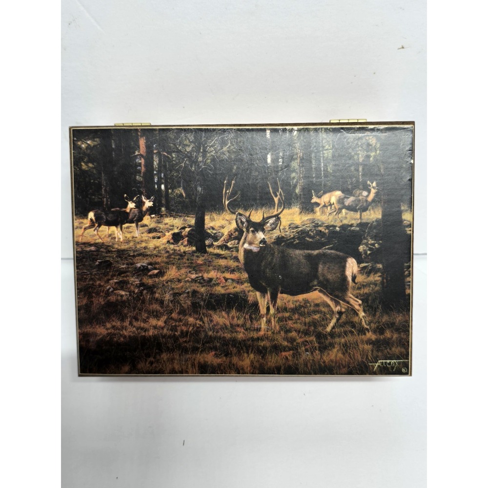 Vtg Deer Picture Cedar Jewelry Box Mule Deer Picture Trinket A.T. Cox Hunter